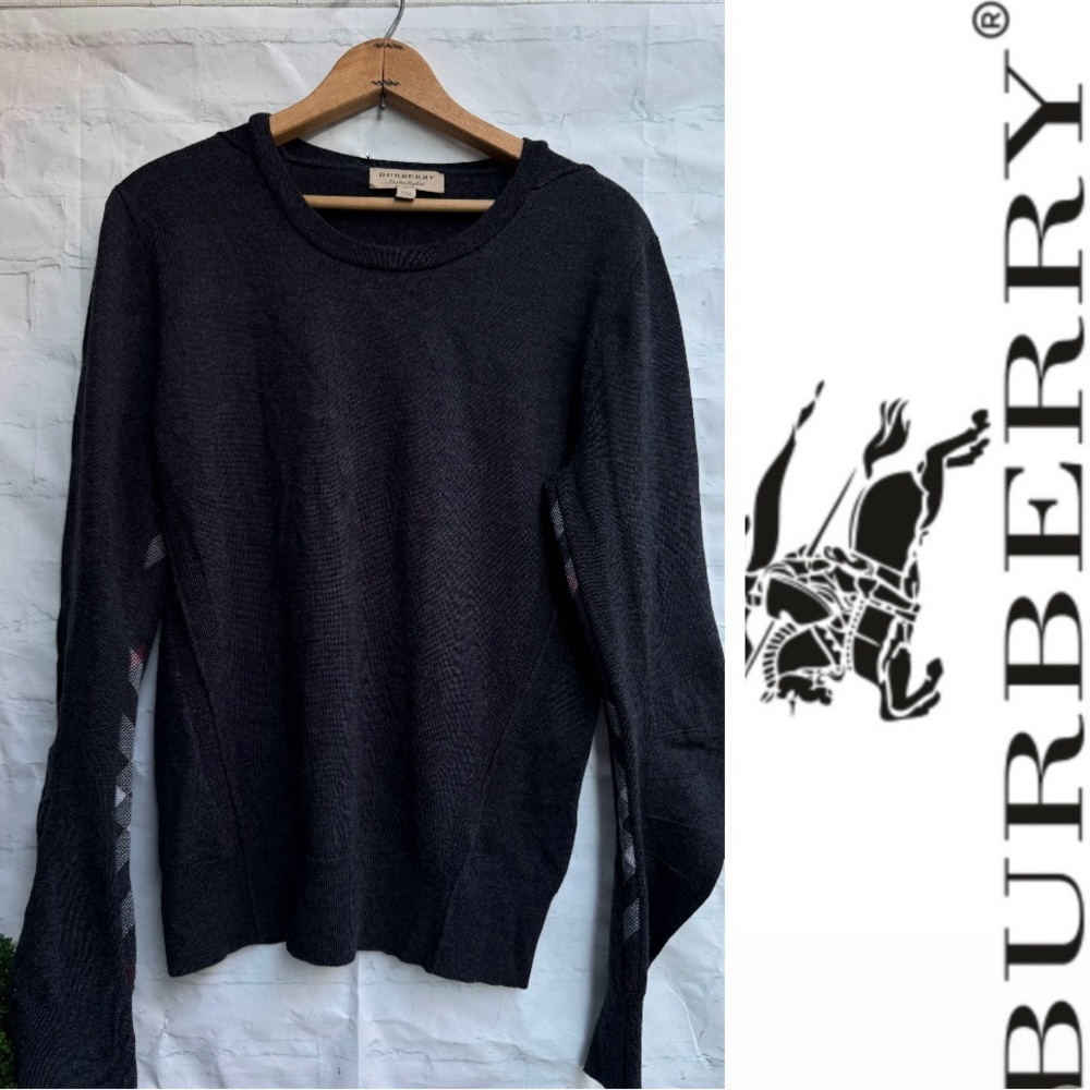 BURBERRY Crewnexk Dark grey  plaid detail on sleeves Size S Small Authentic